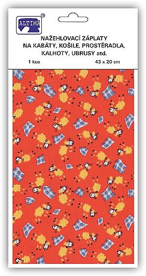 Nažehlovací záplaty s potiskem velké - ovečky na červeném podkladu - visačka